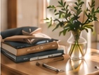 Flowers and books in warm natural light